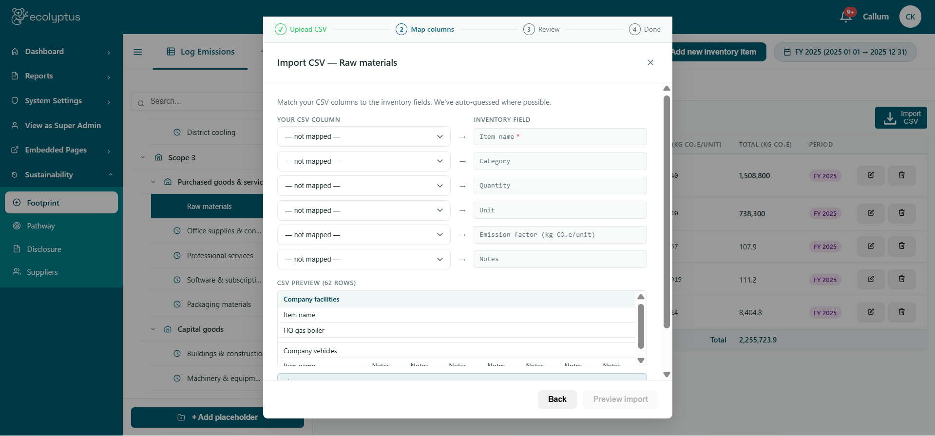 CSV import with column mapping