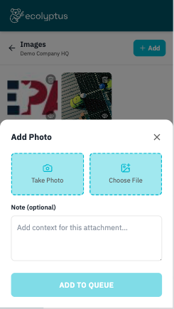 Add Photo screen: take a photo or choose a file, and attach an optional note